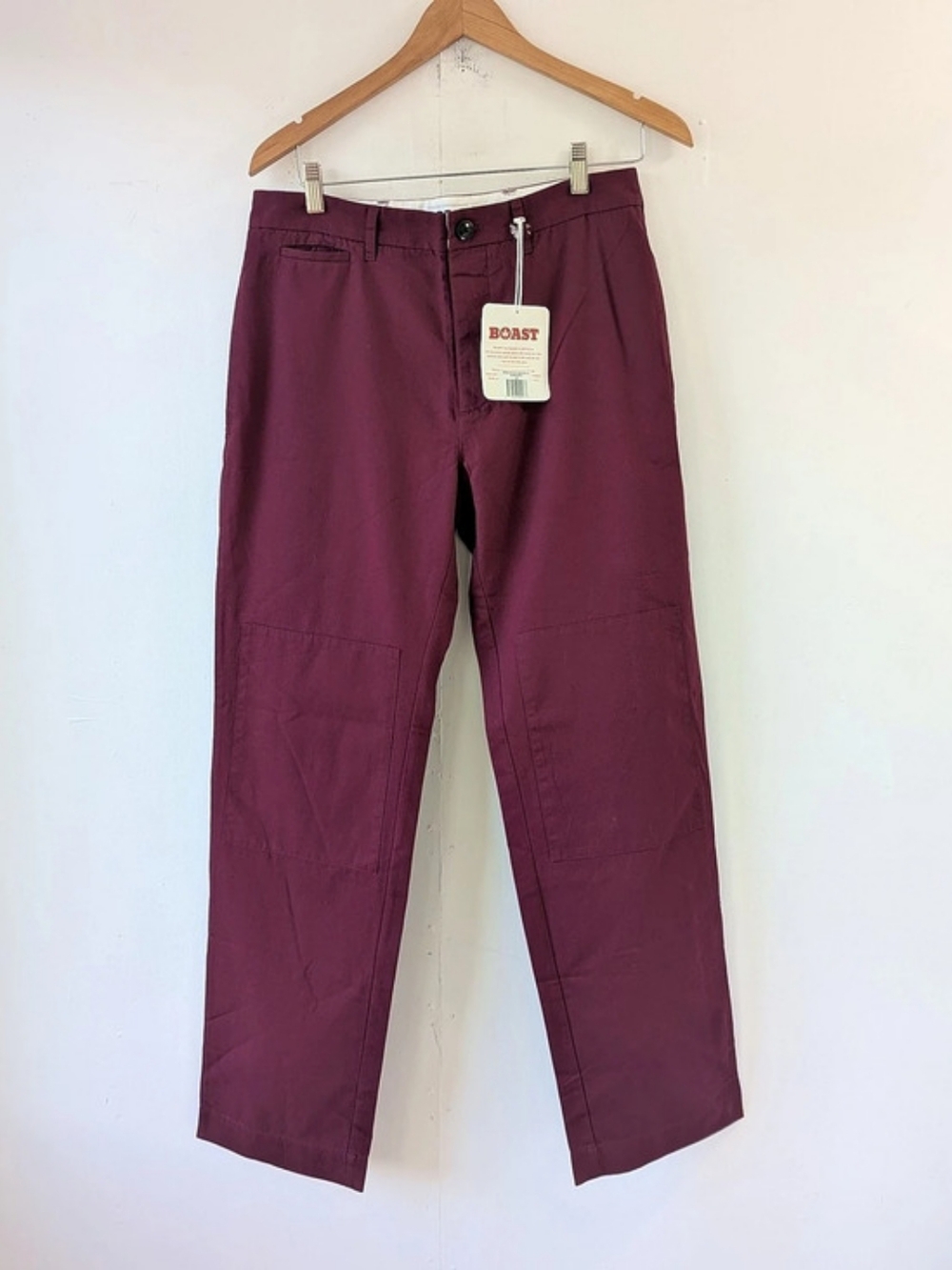 BOAST Patch Canvas 100% Cotton Button Fly Pants Burgundy 32 x 31.5 NWT